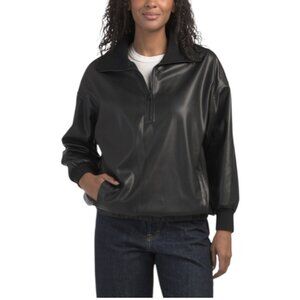KENNETH COLE Faux Leather Half Zip Pullover Jacket With Ribbed Trim